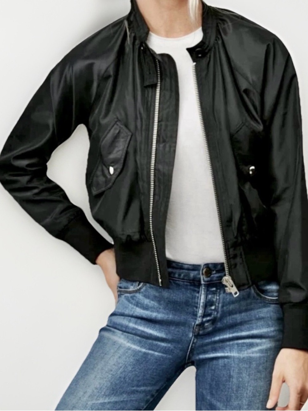 Free People NWOT Midnight Satin Black Bomber Jacket, Size XS